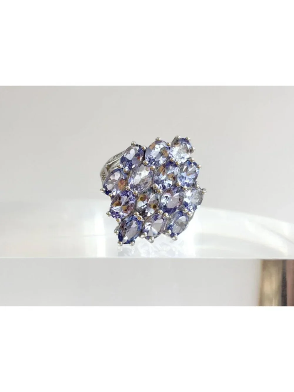 Tanzanite Gemstone Cluster Blooming Floral Sterling Silver 925 Vintage Ring sz 7